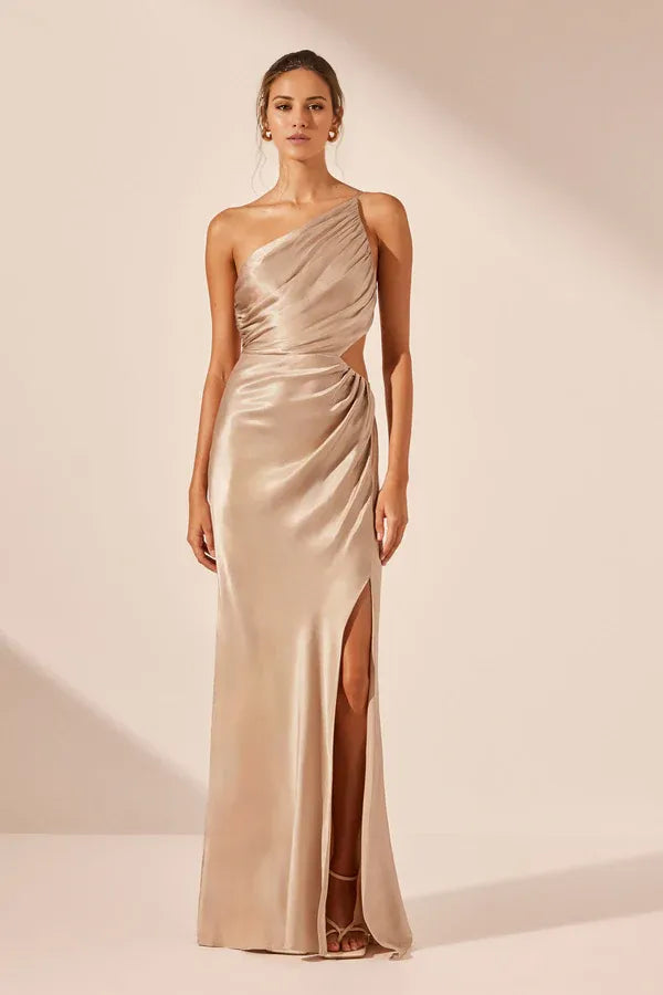 Elegant Champagne Satin One-Shoulder Ruched Cutout Waist High Slit Maxi Dress Prom Dress