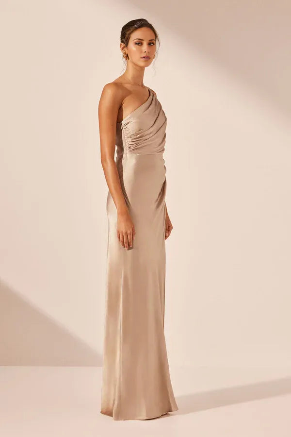 Elegant Champagne Satin One-Shoulder Ruched Cutout Waist High Slit Maxi Dress Prom Dress