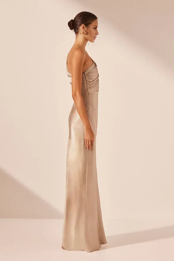 Elegant Champagne Satin One-Shoulder Ruched Cutout Waist High Slit Maxi Dress Prom Dress