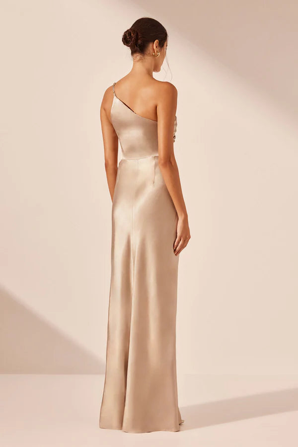 Elegant Champagne Satin One-Shoulder Ruched Cutout Waist High Slit Maxi Dress Prom Dress