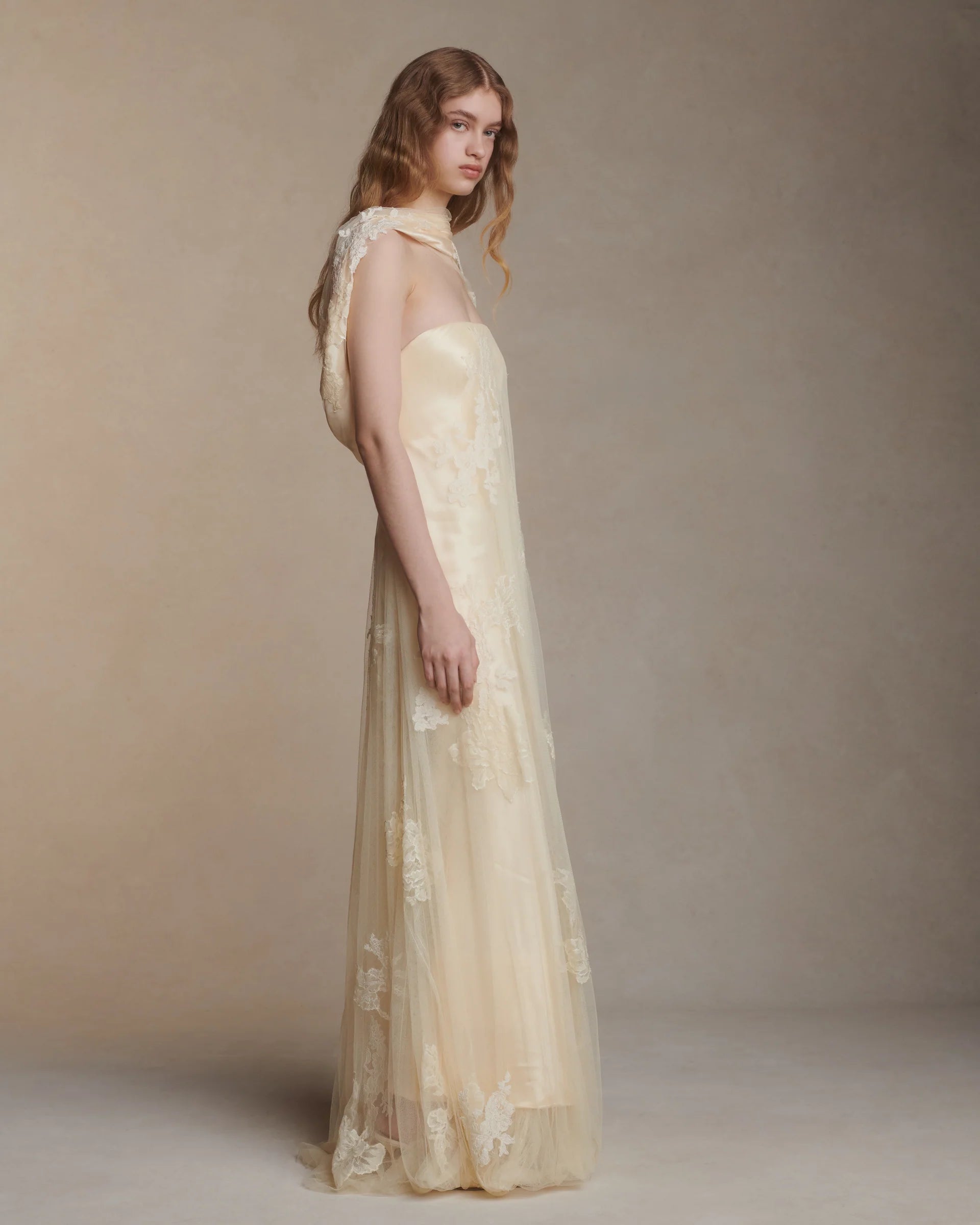 Elegant Champagne Tulle Strapless Floral Lace Appliqué Draped Back Maxi Dress with Detachable Shawl Prom Dress