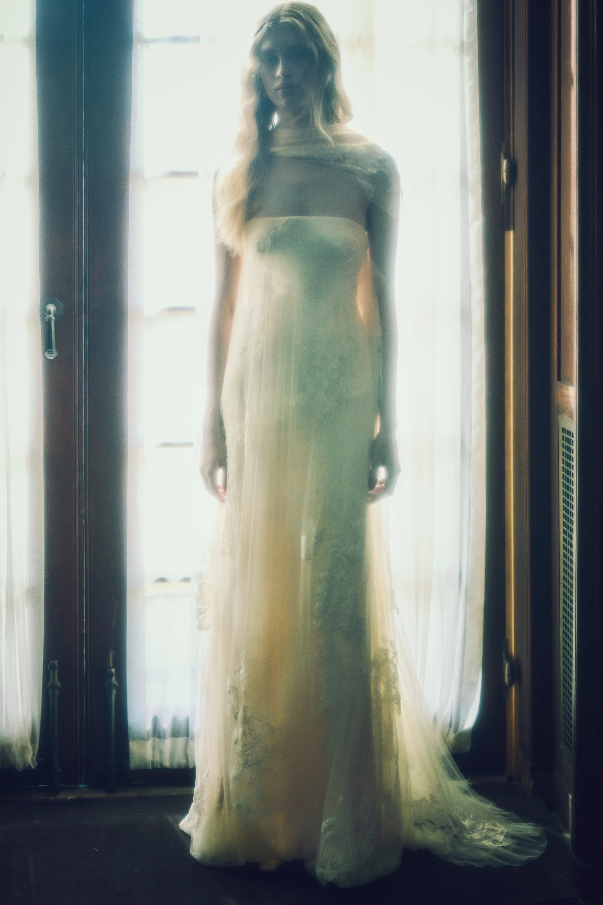 Elegant Champagne Tulle Strapless Floral Lace Appliqué Draped Back Maxi Dress with Detachable Shawl Prom Dress