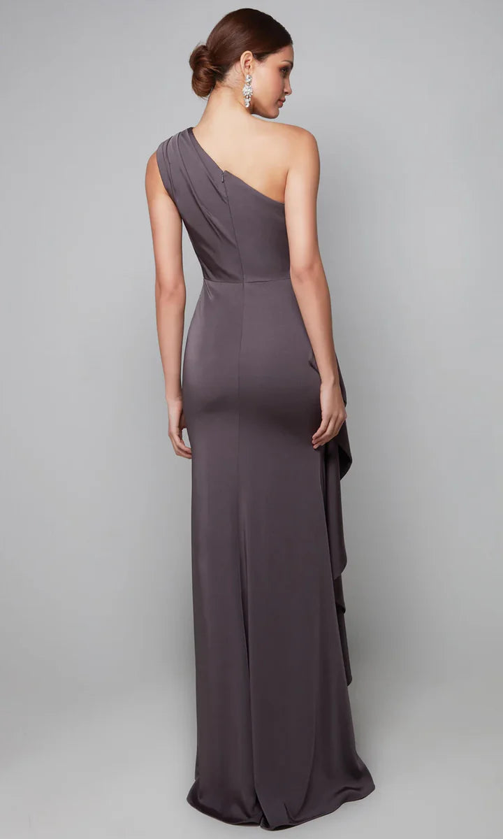 Elegant Charmeuse Satin One-Shoulder Ruched Bodice Asymmetric Ruffle Mermaid Maxi Dress Prom Dress