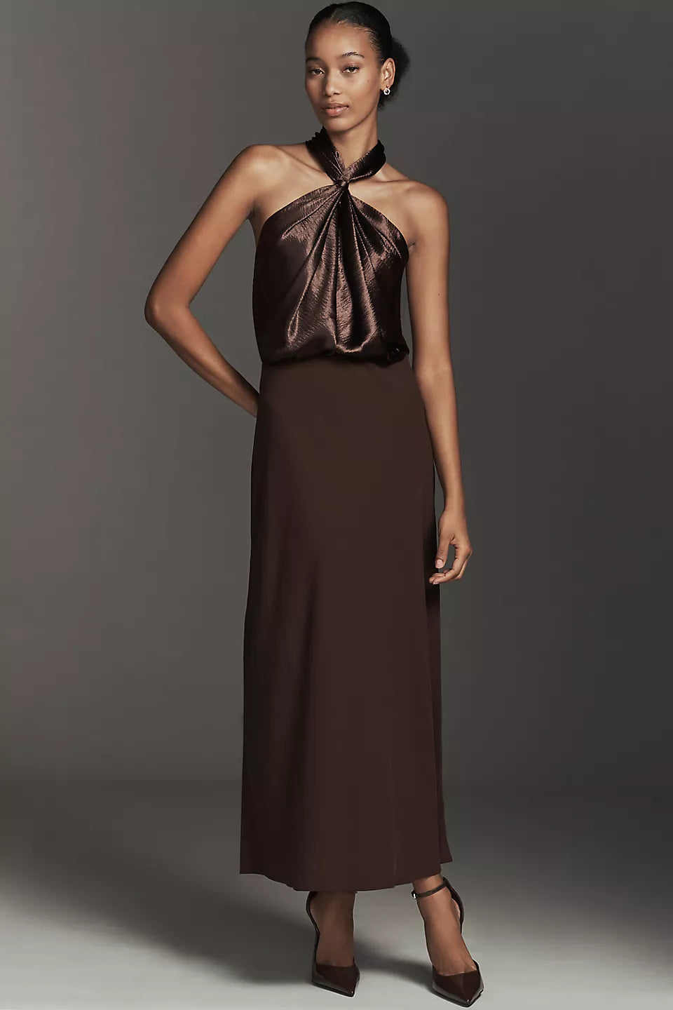 Elegant Chocolate Brown Metallic Halter Neck Twist Front A-Line Midi Dress Prom Dress