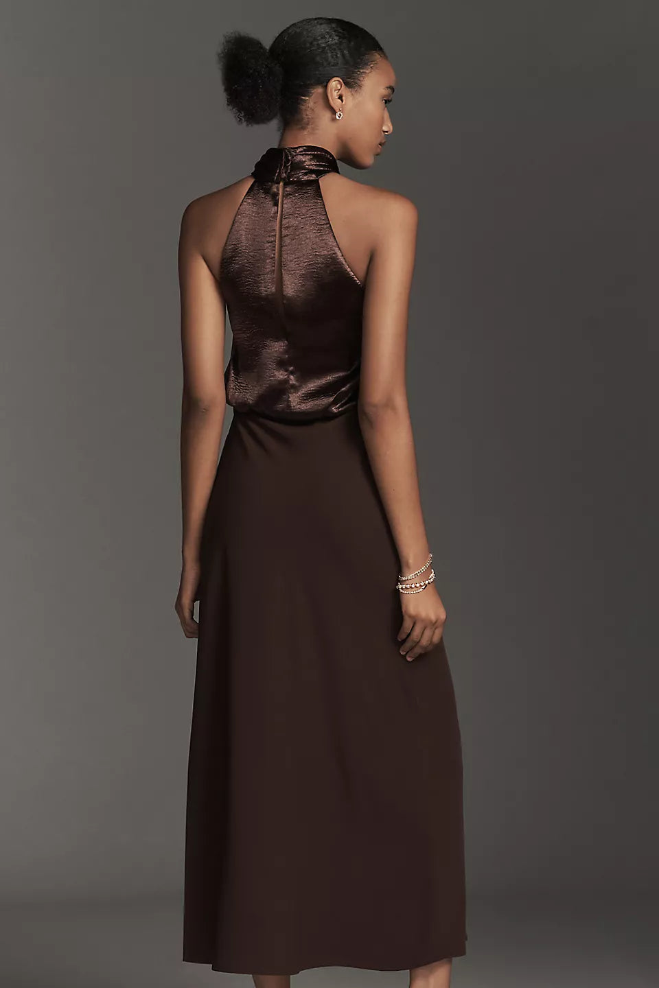 Elegant Chocolate Brown Metallic Halter Neck Twist Front A-Line Midi Dress Prom Dress
