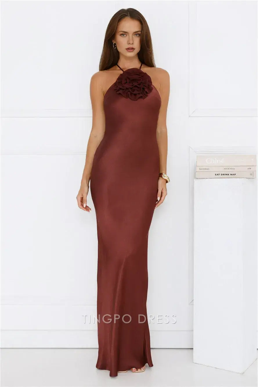 Elegant Chocolate Halter Neck Maxi Dress with Floral Detail and Open Back Prom Dress