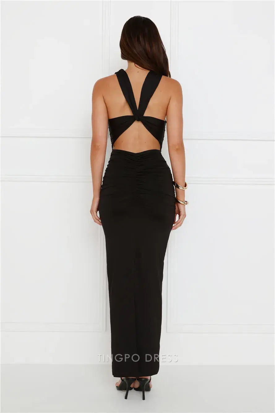 Elegant Cowl Neck Ruched Maxi Dress with Open Back Prom Dress