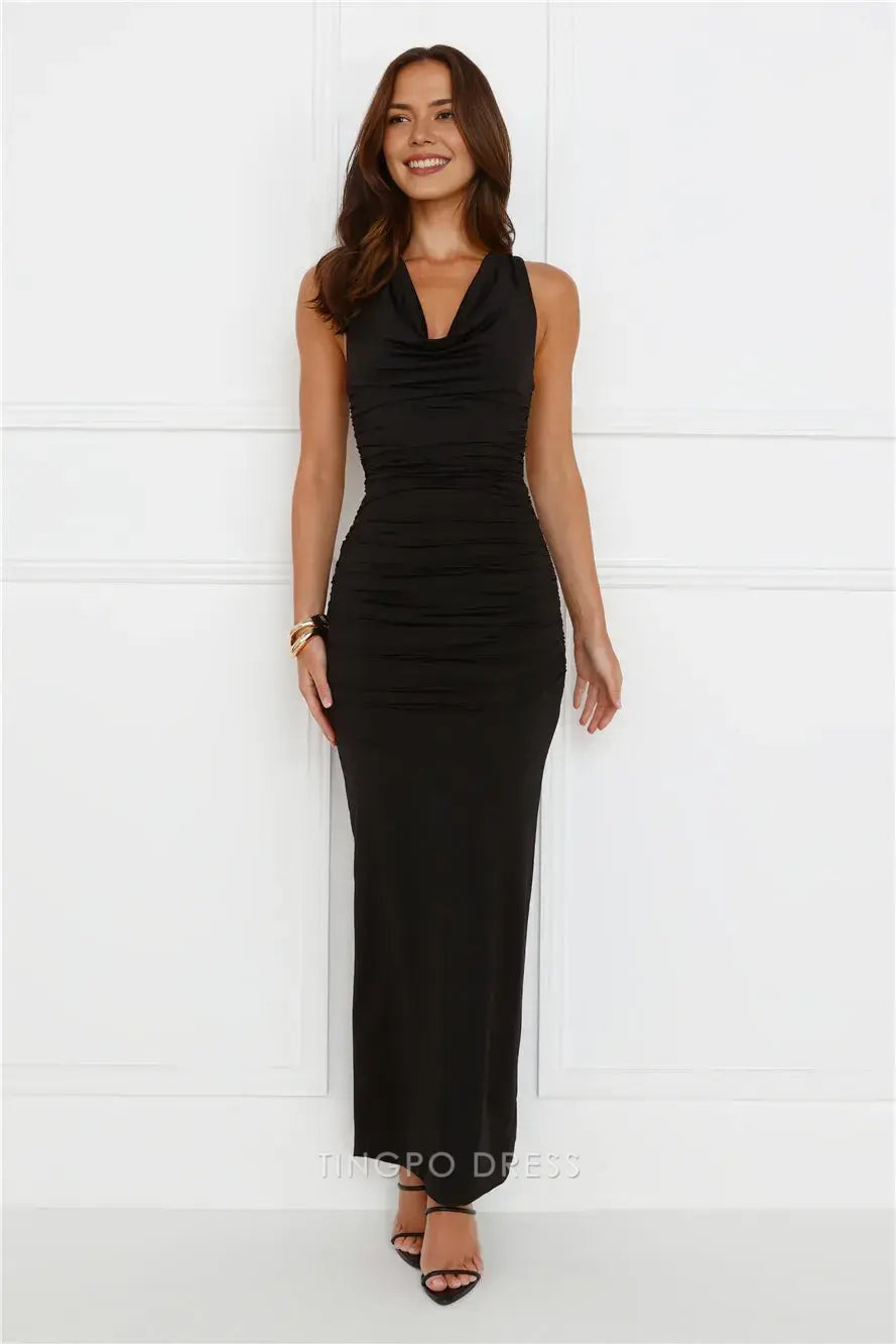 Elegant Cowl Neck Ruched Maxi Dress with Open Back Prom Dress
