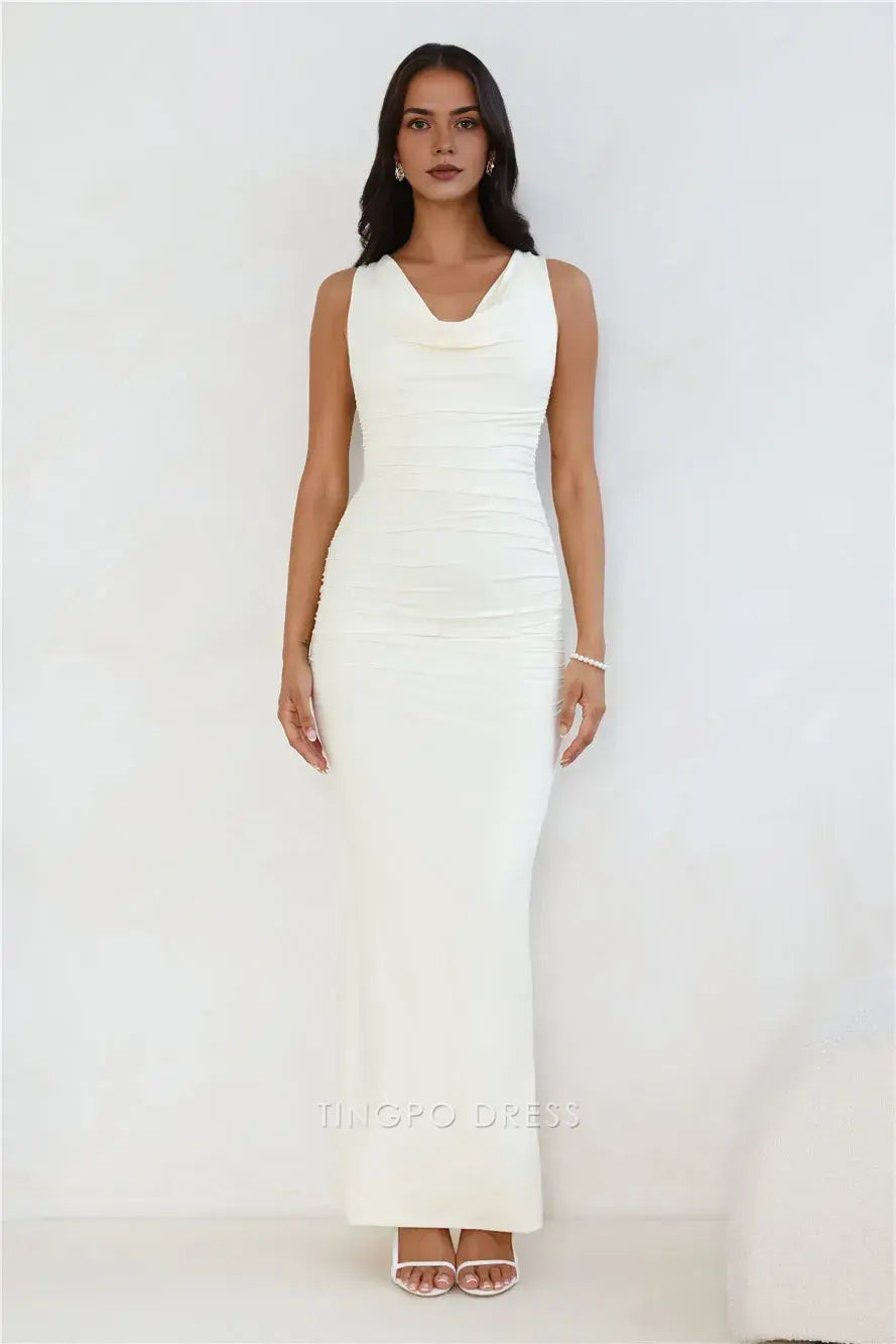 Elegant Cowl Neck Ruched Maxi Dress with Open Back Prom Dress