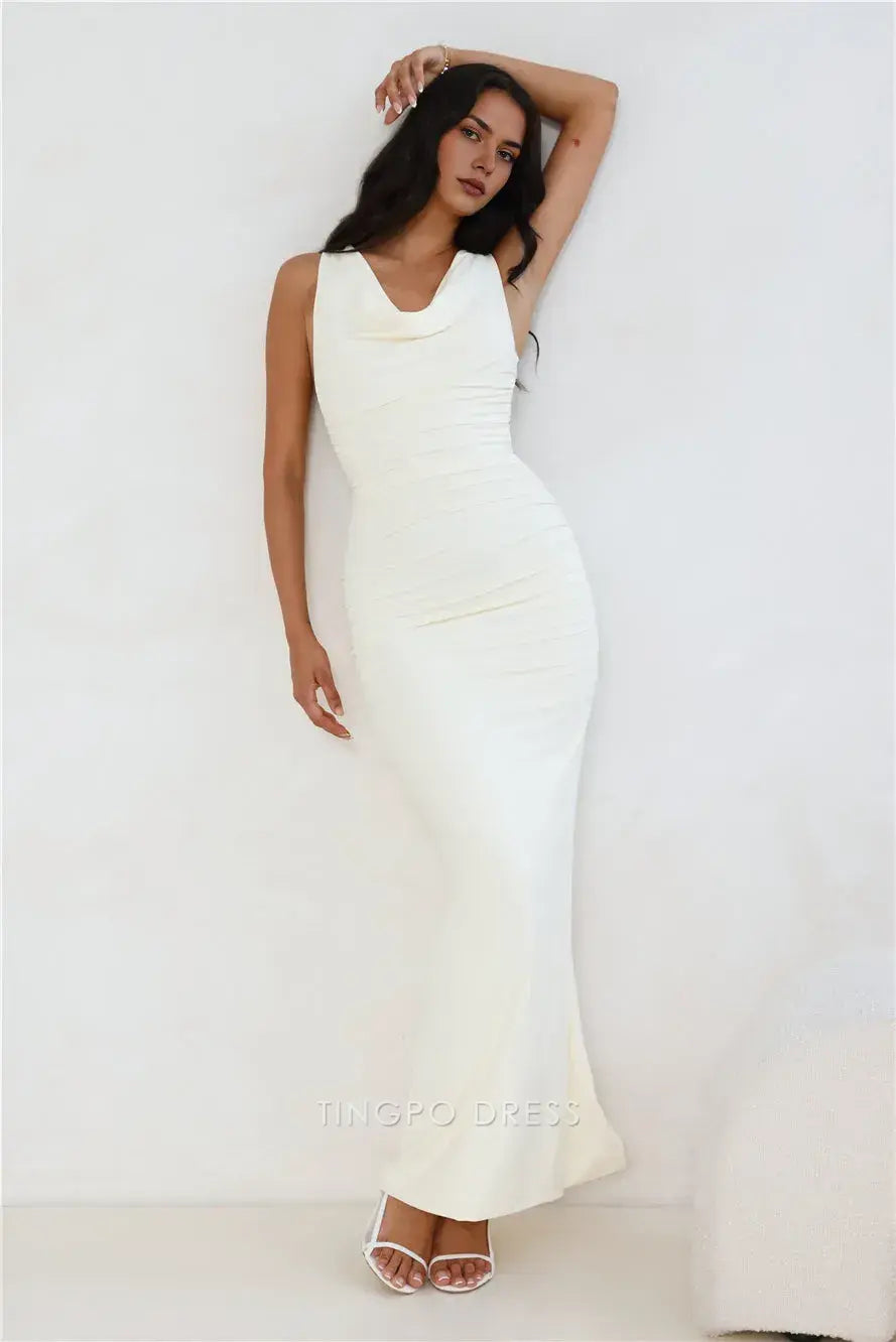 Elegant Cowl Neck Ruched Maxi Dress with Open Back Prom Dress