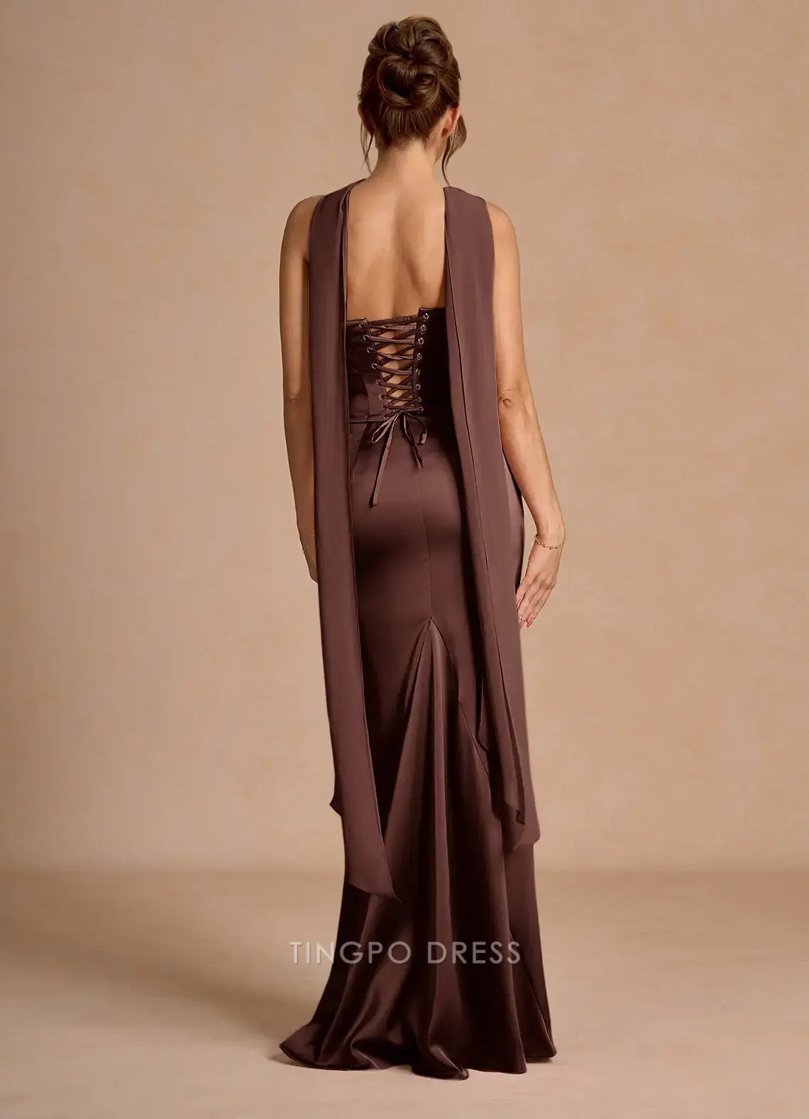 Elegant Cowl Neck Satin Mermaid Maxi Dress with Detachable Scarf and Lace - Up Back Prom Dress