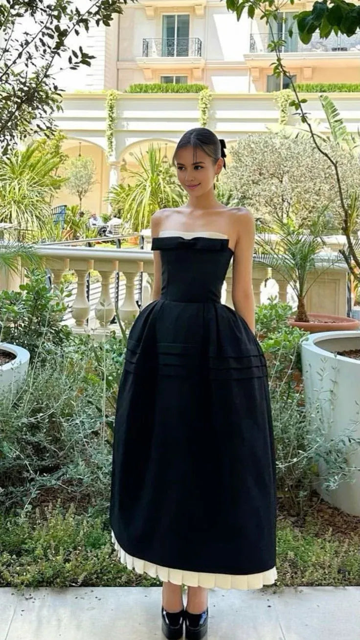 TingPo Wholesale Elegant Cute Ball Gown Strapless Black Satin Ankle Length Prom Dresses With Ruffles Evening Dress