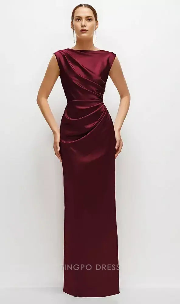 Elegant Draped Boat Neck Satin Maxi Dress with V - Back and Side Slit Prom Dress