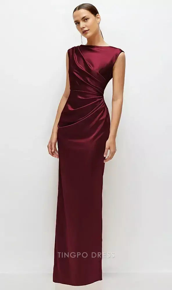 Elegant Draped Boat Neck Satin Maxi Dress with V - Back and Side Slit Prom Dress