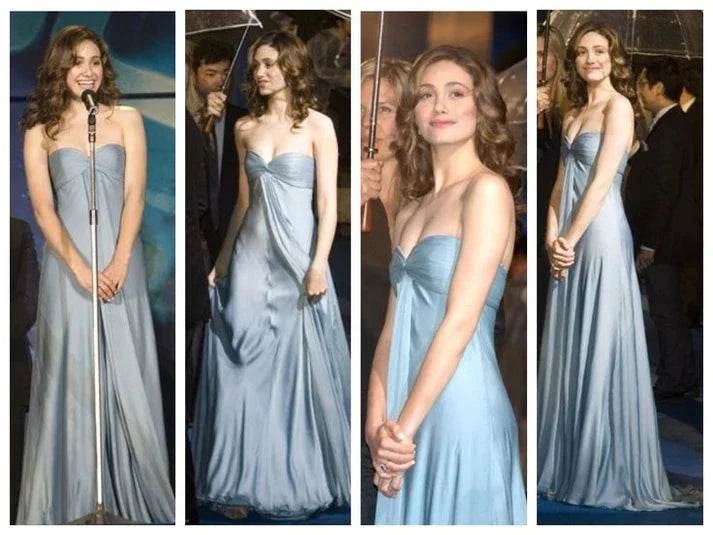 Elegant Dusty Blue Chiffon Strapless Sweetheart Twist Front A-Line Train Maxi Dress Prom Dress