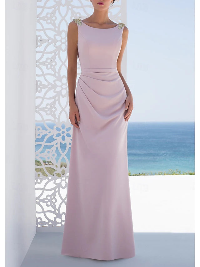 Elegant Dusty Pink Crepe Bateau Neck Crystal Embellished Cowl Back A-Line Maxi Dress Prom Dress
