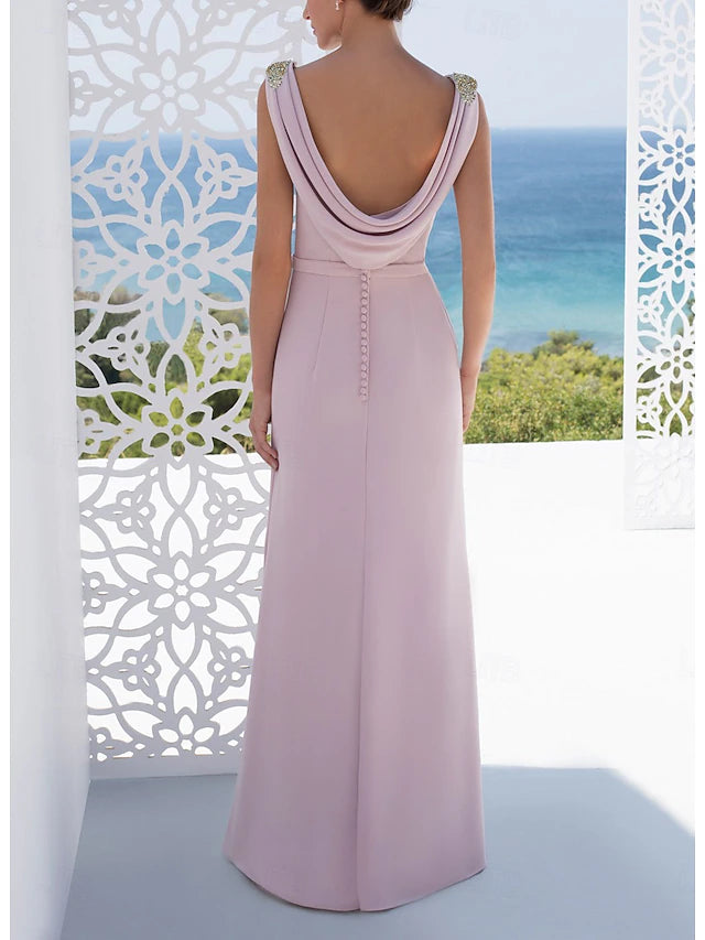 Elegant Dusty Pink Crepe Bateau Neck Crystal Embellished Cowl Back A-Line Maxi Dress Prom Dress