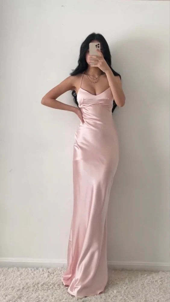 Elegant Dusty Pink Satin Spaghetti Strap Cross-Back Cowl Neck Maxi Dress Prom Dress