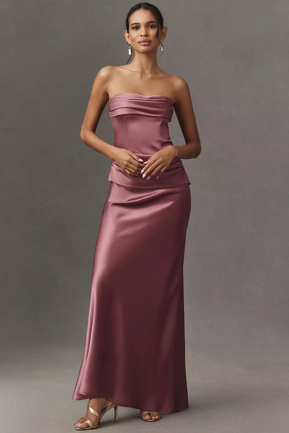 Elegant Dusty Rose Satin Strapless Cowl Neck Ruched Waist Column Maxi Dress Prom Dress