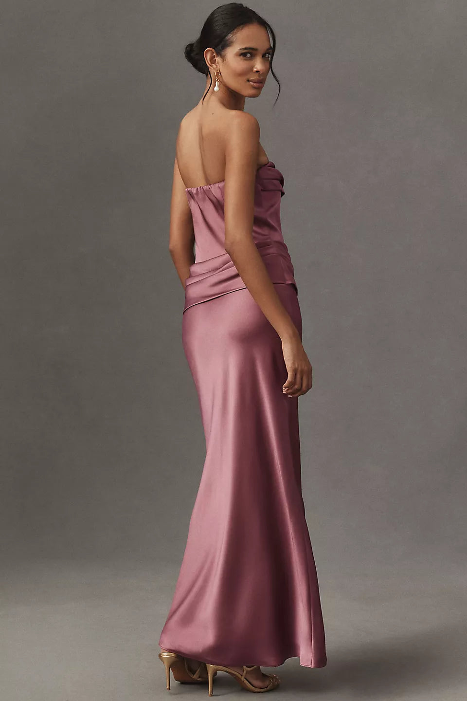Elegant Dusty Rose Satin Strapless Cowl Neck Ruched Waist Column Maxi Dress Prom Dress