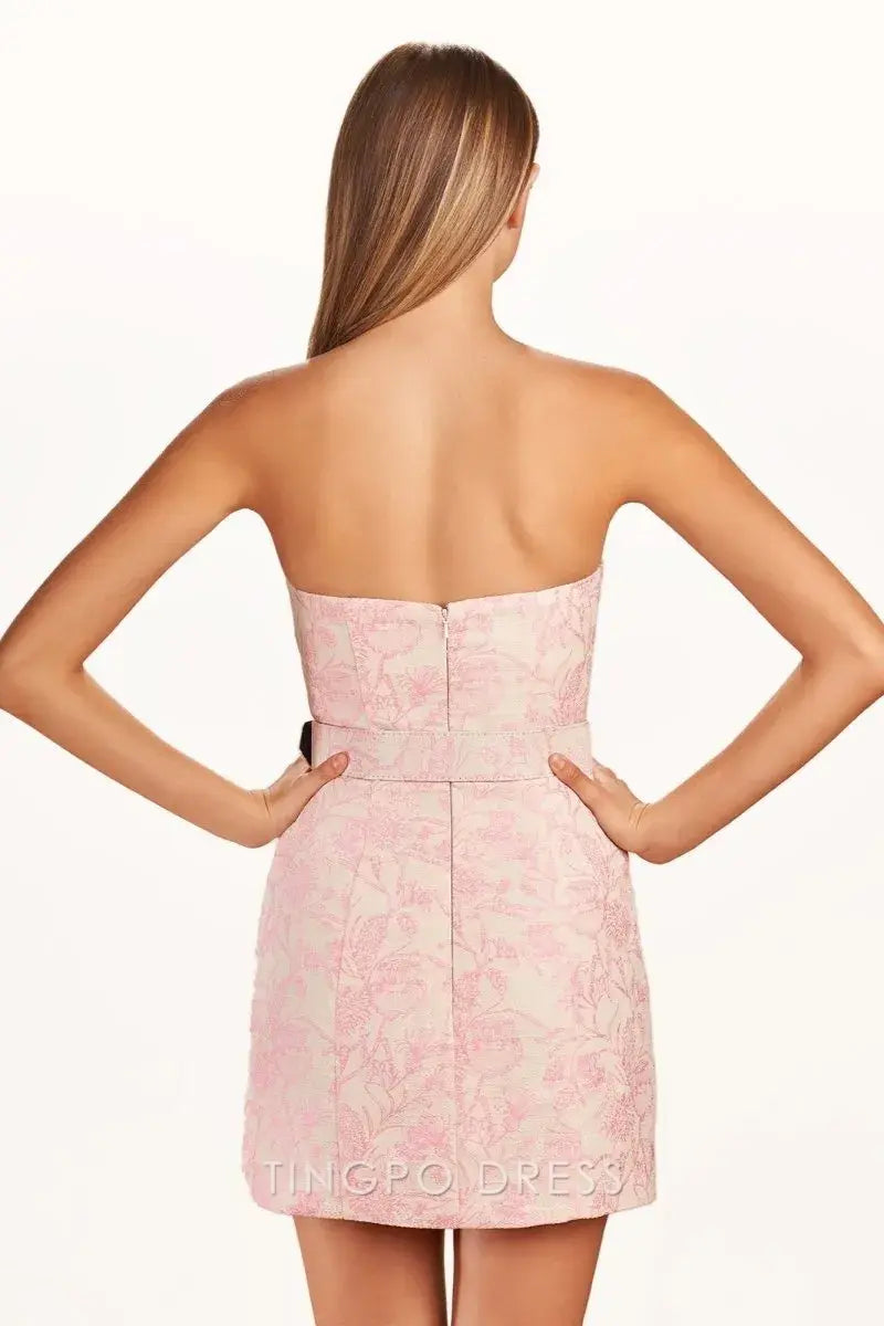 Elegant Elegant Sheath Short Strapless Floral Print Mini Dress with Belt Prom Dress