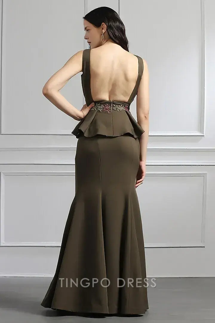 Elegant Embellished Peplum Mermaid Maxi Dress with Open Back Skirt Set Prom Dress