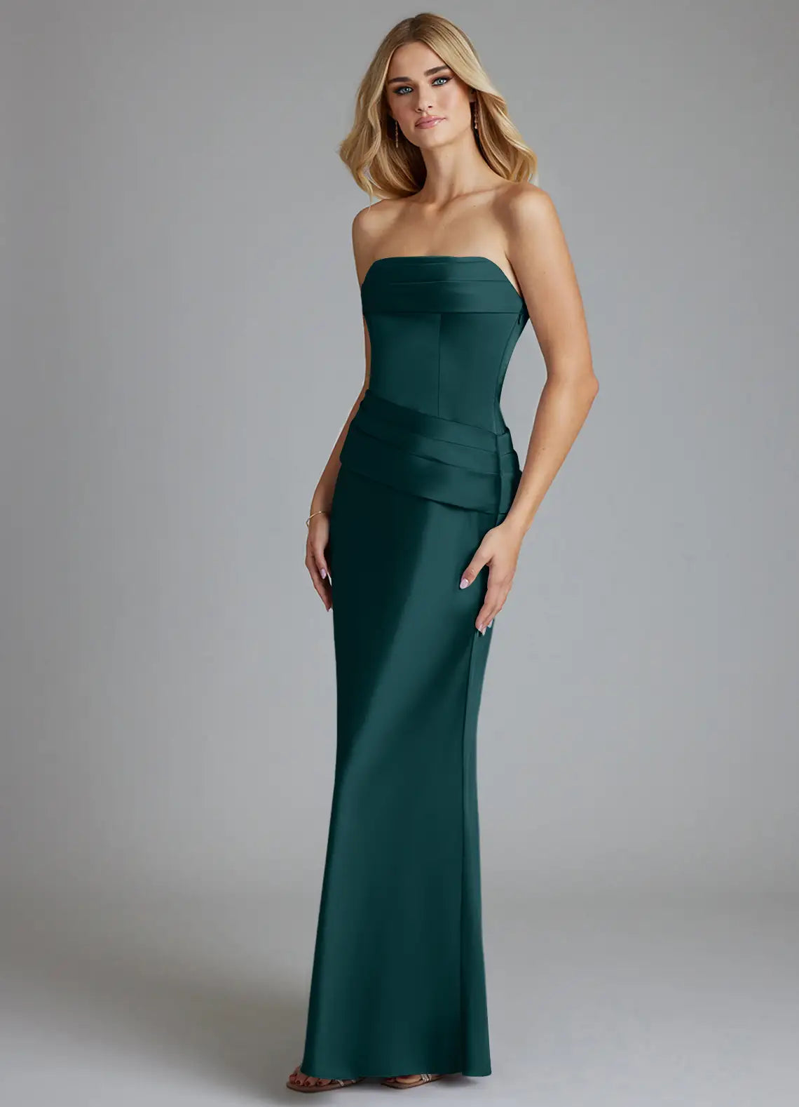 Elegant Emerald Green Satin Strapless Ruched Waist Mermaid Maxi Dress Prom Dress
