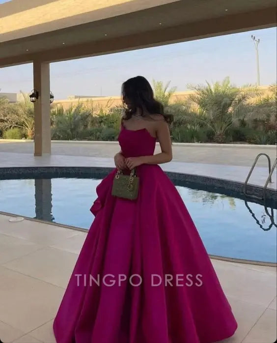 TingPo Wholesale Elegant Fancy Ball Gown Strapless Hot Pink Long Prom Dresses Evening Dress