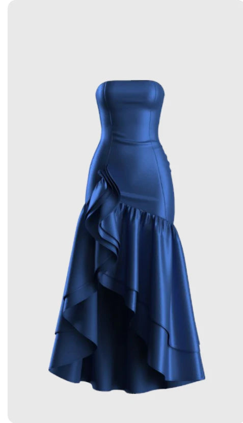 TingPo Wholesale Elegant Fancy High Low Strapless Navy Blue Ruffles Long Prom Dresses Evening Dress