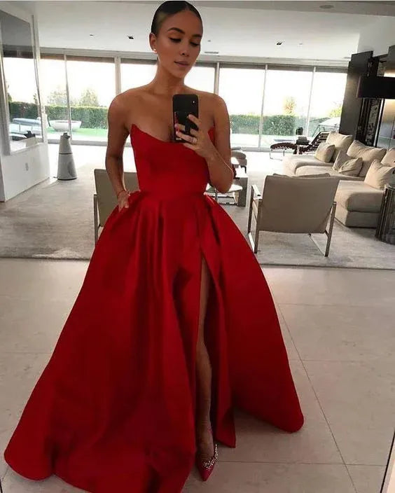 TingPo Wholesale Elegant Fancy Strapless A-line Red Satin Prom Dress High Slit Women Evening Gowns