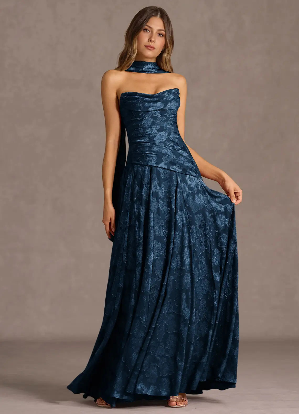 Elegant Floral Jacquard Strapless Halter Neck Lace-Up Back A-Line Maxi Dress with Detachable Sash Prom Dress