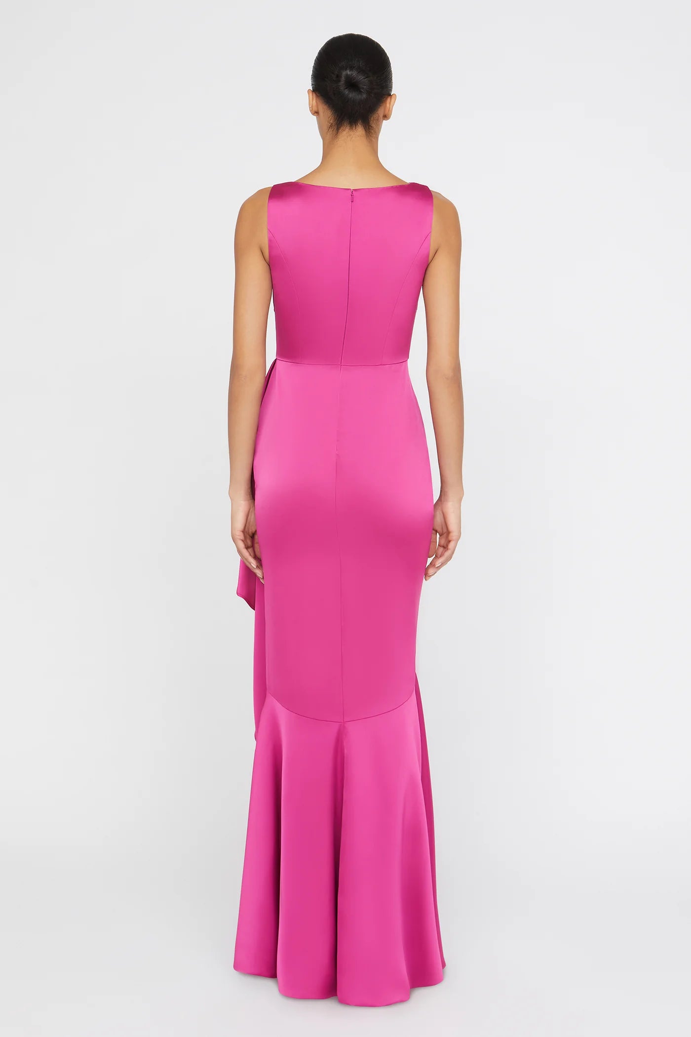 Elegant Fuchsia Satin Sleeveless Round Neck Asymmetric Ruched Ruffle Mermaid Maxi Dress Prom Dress