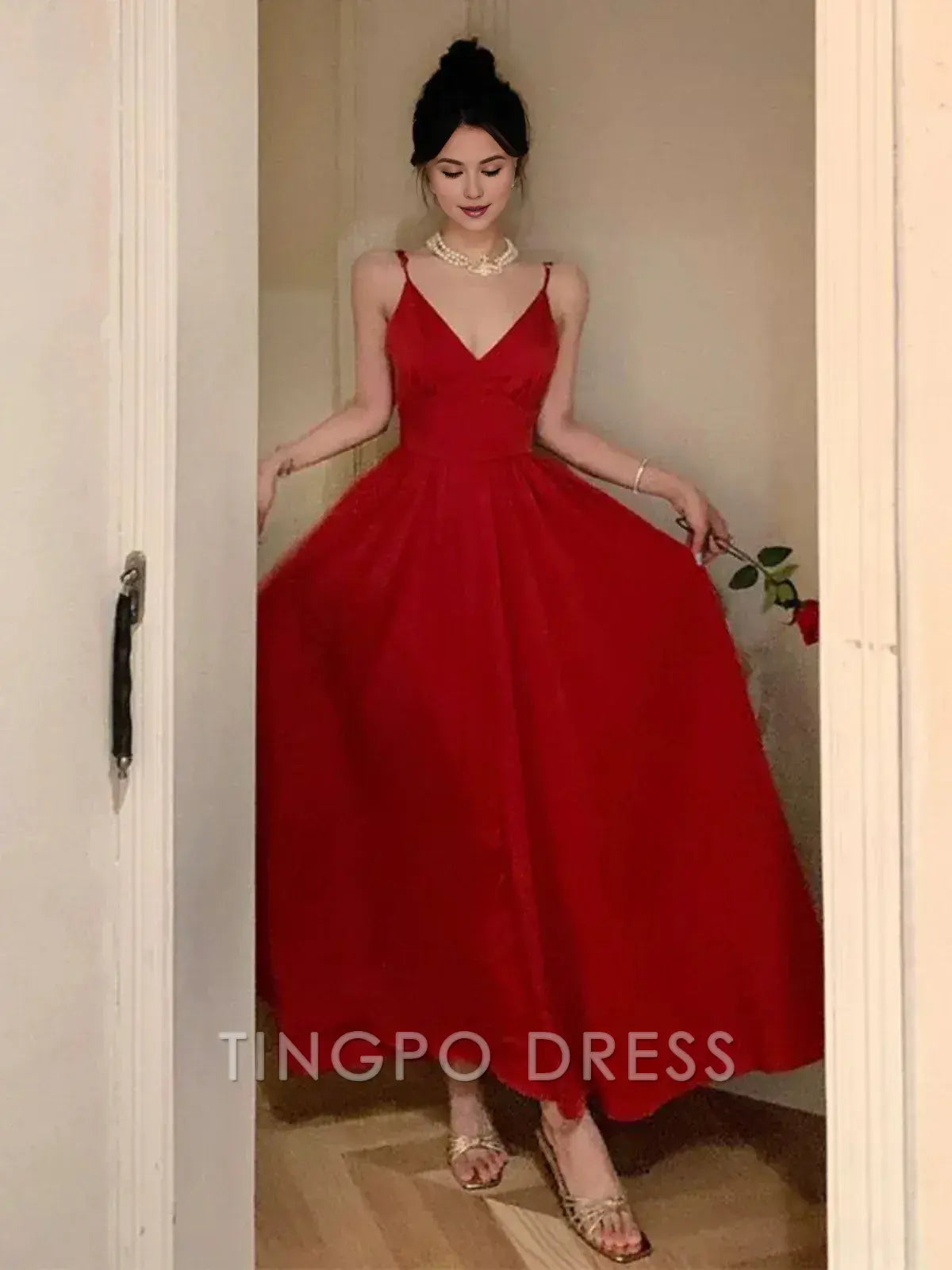 TingPo Wholesale Elegant Gorgeous A Line Spaghetti Straps Red Ankle Length Evening Dress Prom Dresses Birthday Outfits