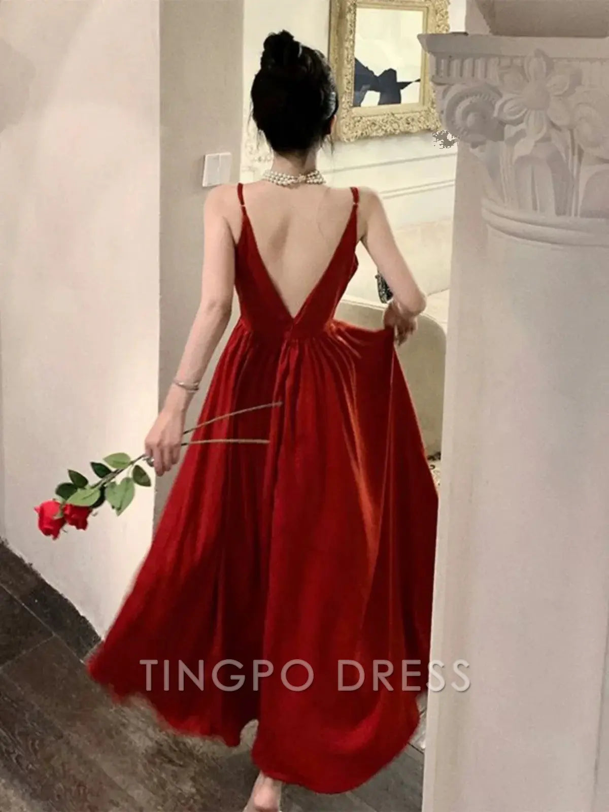 TingPo Wholesale Elegant Gorgeous A Line Spaghetti Straps Red Ankle Length Evening Dress Prom Dresses Birthday Outfits