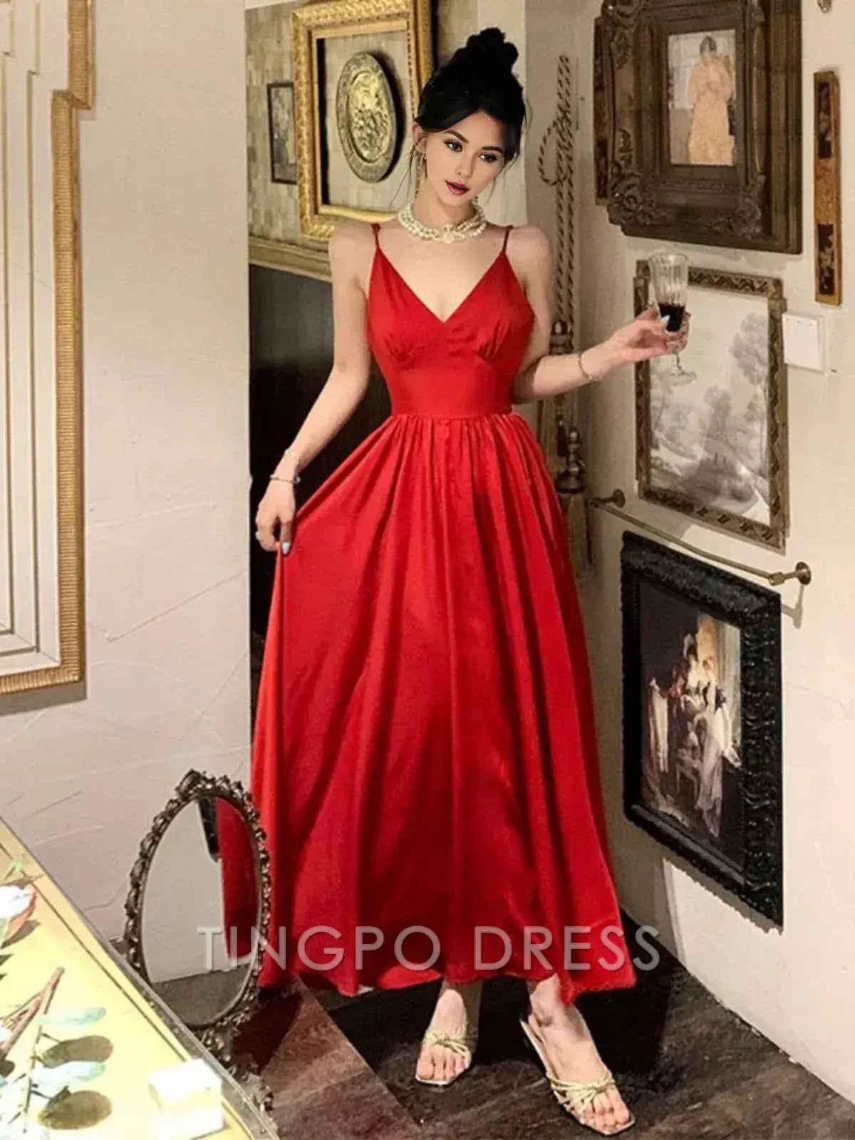 TingPo Wholesale Elegant Gorgeous A Line Spaghetti Straps Red Ankle Length Evening Dress Prom Dresses Birthday Outfits