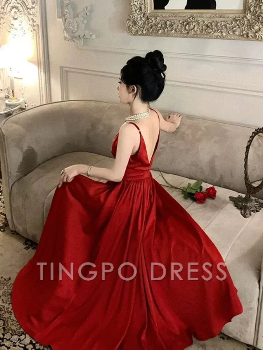 TingPo Wholesale Elegant Gorgeous A Line Spaghetti Straps Red Ankle Length Evening Dress Prom Dresses Birthday Outfits