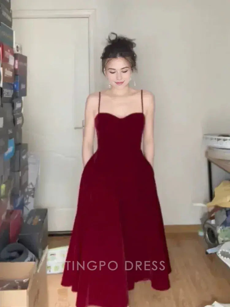 TingPo Wholesale Elegant Gorgeous A line Spaghetti Straps Burgundy Velvet Evening Dress Prom Dresses Birthday Outfits