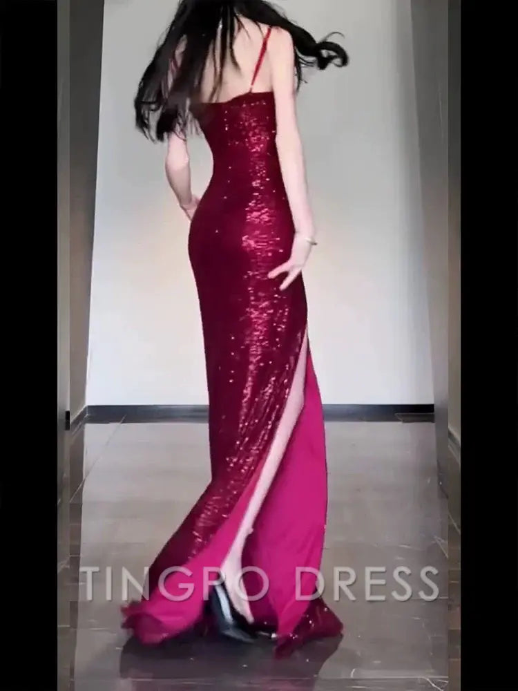 TingPo Wholesale Elegant Gorgeous Sheath Spaghetti Straps Burgundy Sequin Long Evening Dress Prom Dresses Birthday Outfits
