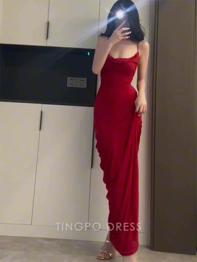 TingPo Wholesale Elegant Gorgeous Sheath Spaghetti Straps Red Long Evening Dress Prom Dresses Birthday Outfits
