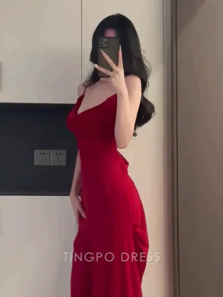 TingPo Wholesale Elegant Gorgeous Sheath Spaghetti Straps Red Long Evening Dress Prom Dresses Birthday Outfits