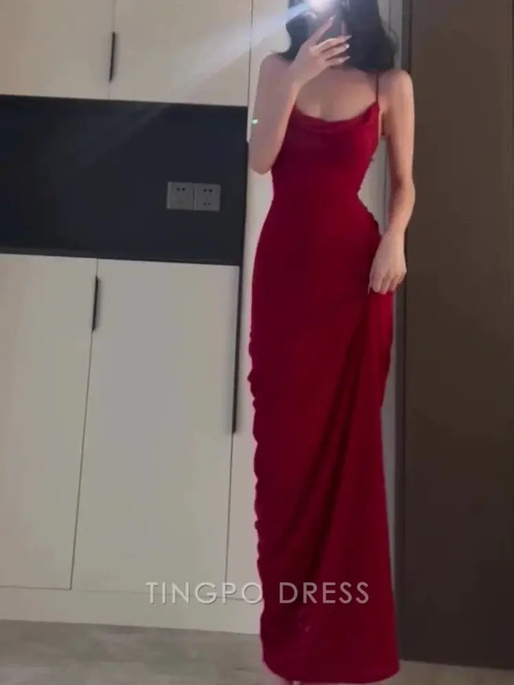 TingPo Wholesale Elegant Gorgeous Sheath Spaghetti Straps Red Long Evening Dress Prom Dresses Birthday Outfits