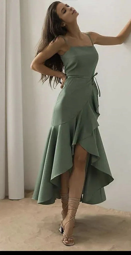 TingPo Wholesale Elegant High Low Spaghetti Straps Satin Tea Length Green Prom Dress Evening Dresses