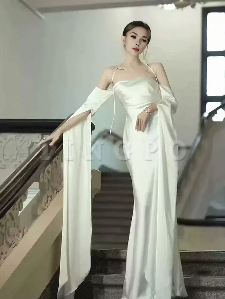 Wholesale Elegant Ivory Satin Long Simple Evening Dress Prom Dresses formal wear dresses