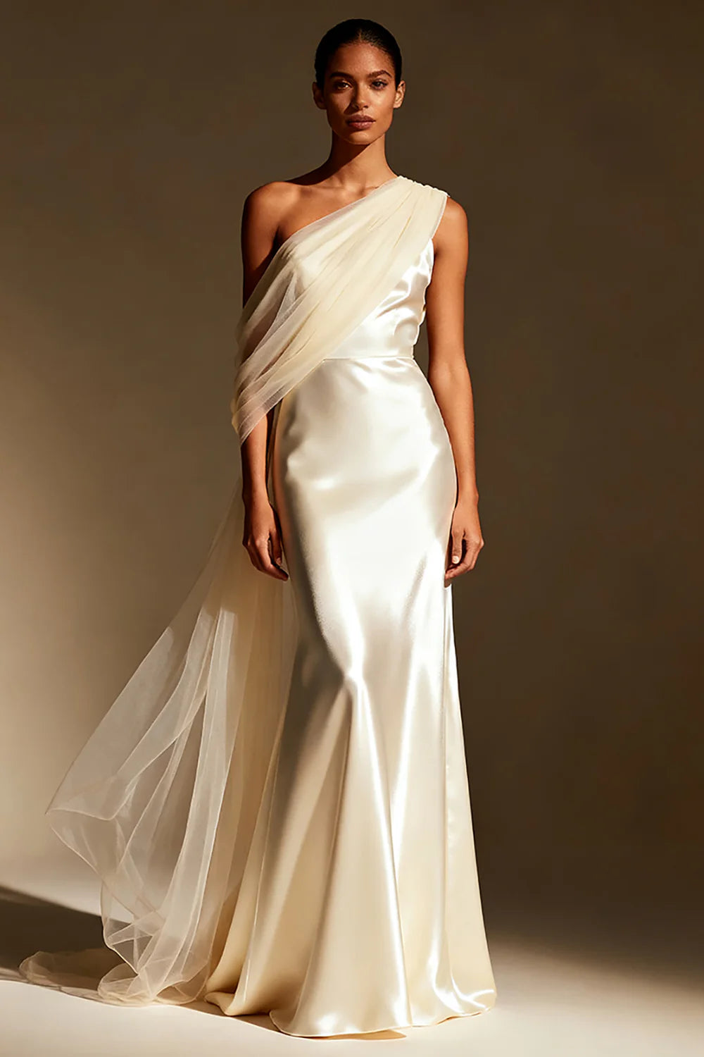 Elegant Ivory Satin One-Shoulder Tulle Cape Mermaid Train Wedding Dress Prom Dress