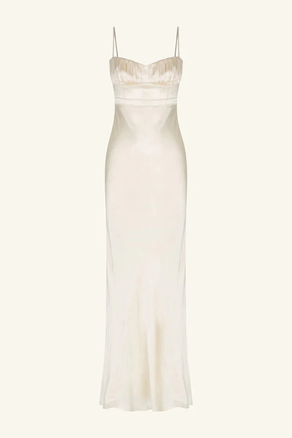 Elegant Ivory Satin Spaghetti Strap Ruched Bustier Mermaid Wedding Slip Dress Prom Dress