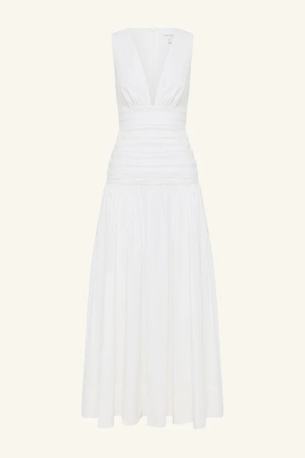 Elegant Ivory Sleeveless Deep V-Neck Ruched Bodice High Waist Pleated Maxi Dress with Pockets Prom Dress