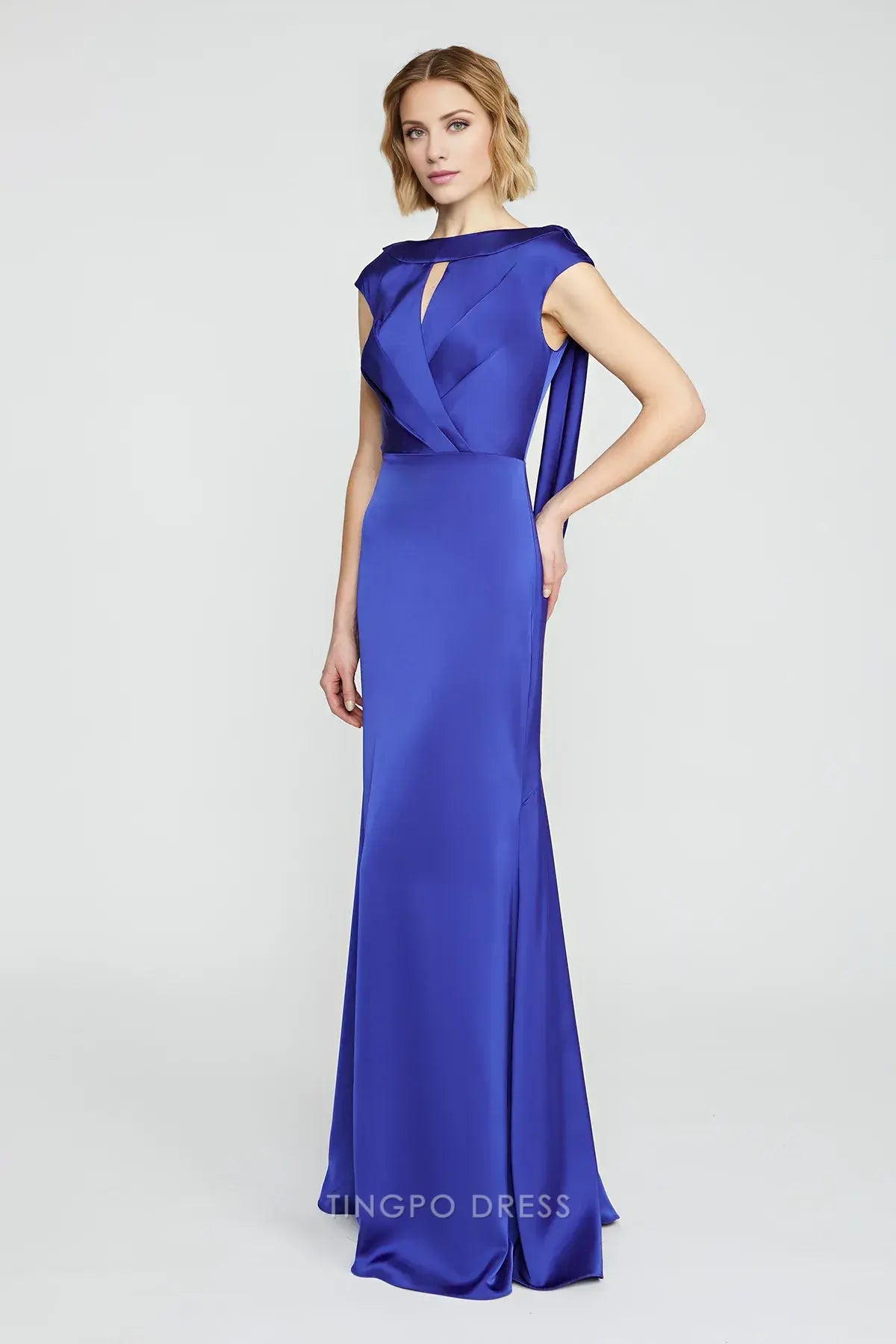 Elegant Keyhole Neck Draped Back Satin Mermaid Maxi Dress Prom Dress