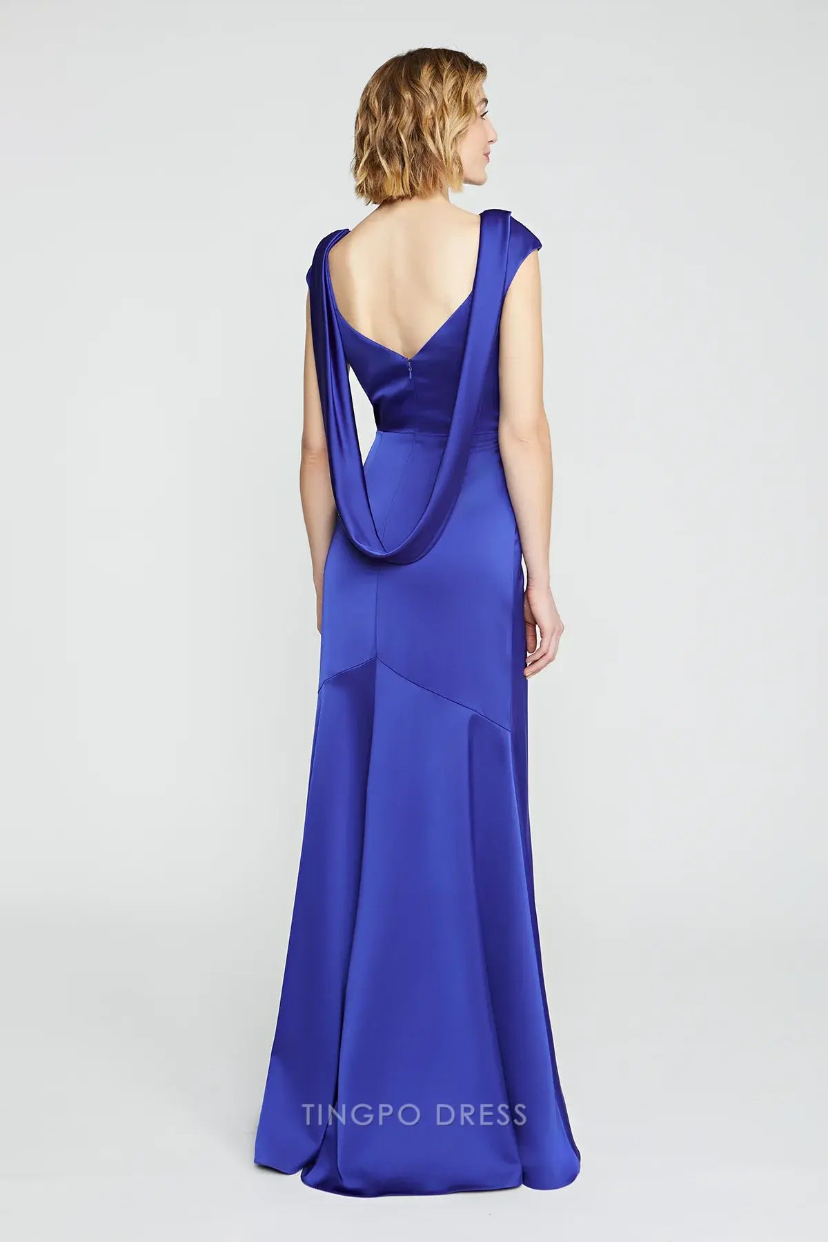 Elegant Keyhole Neck Draped Back Satin Mermaid Maxi Dress Prom Dress