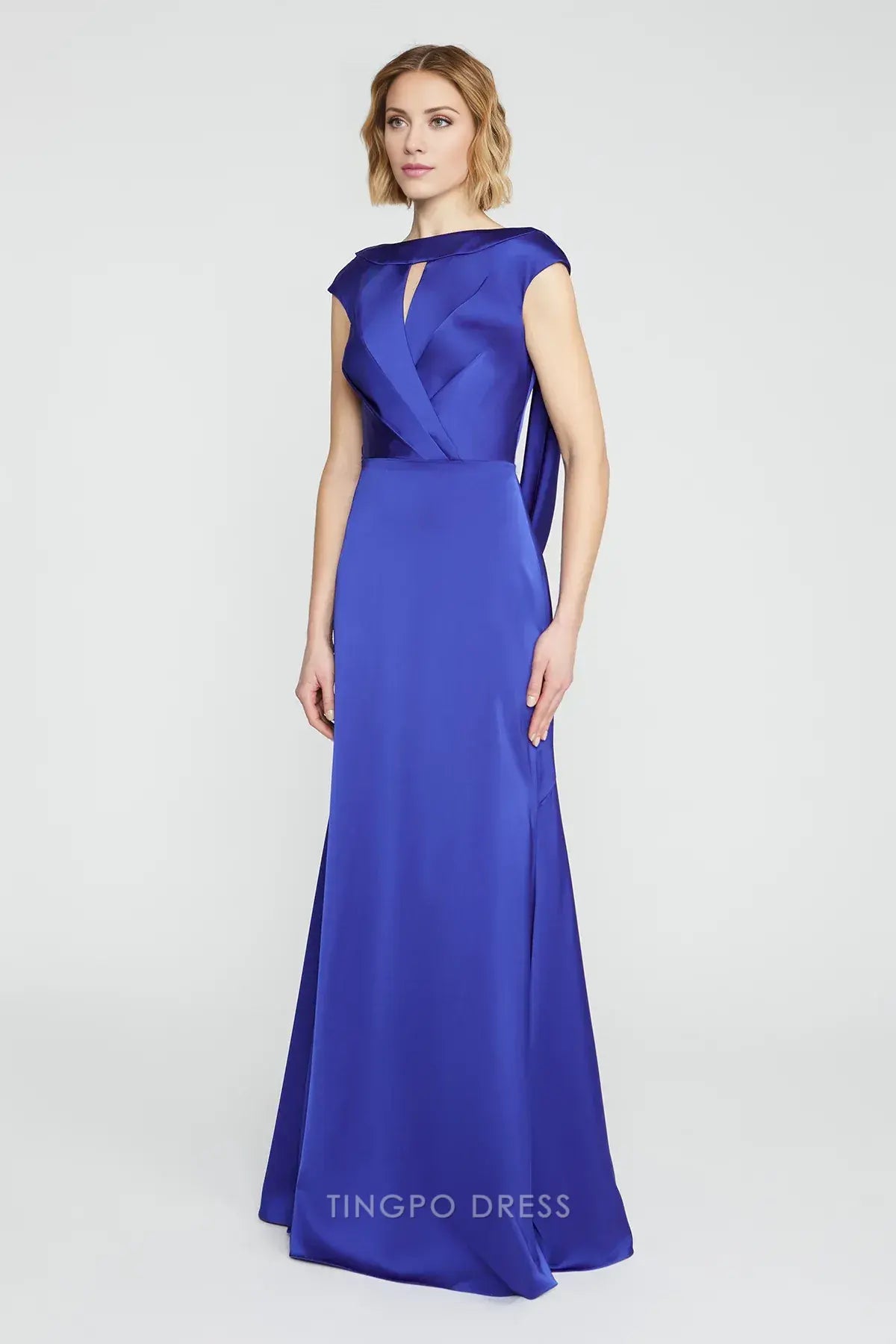 Elegant Keyhole Neck Draped Back Satin Mermaid Maxi Dress Prom Dress