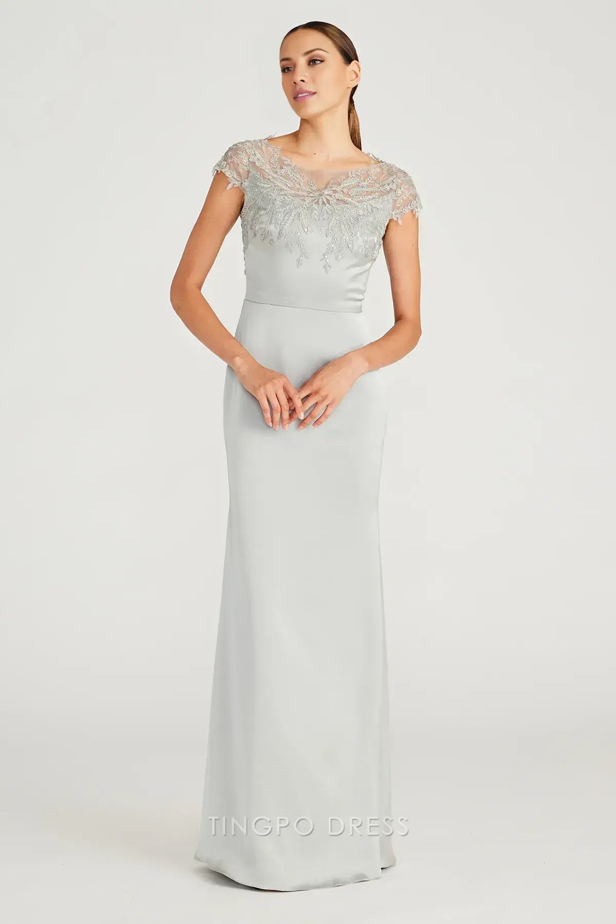 Elegant Lace-Embellished Cap-Sleeve Satin Mermaid Maxi Dress Prom Dress